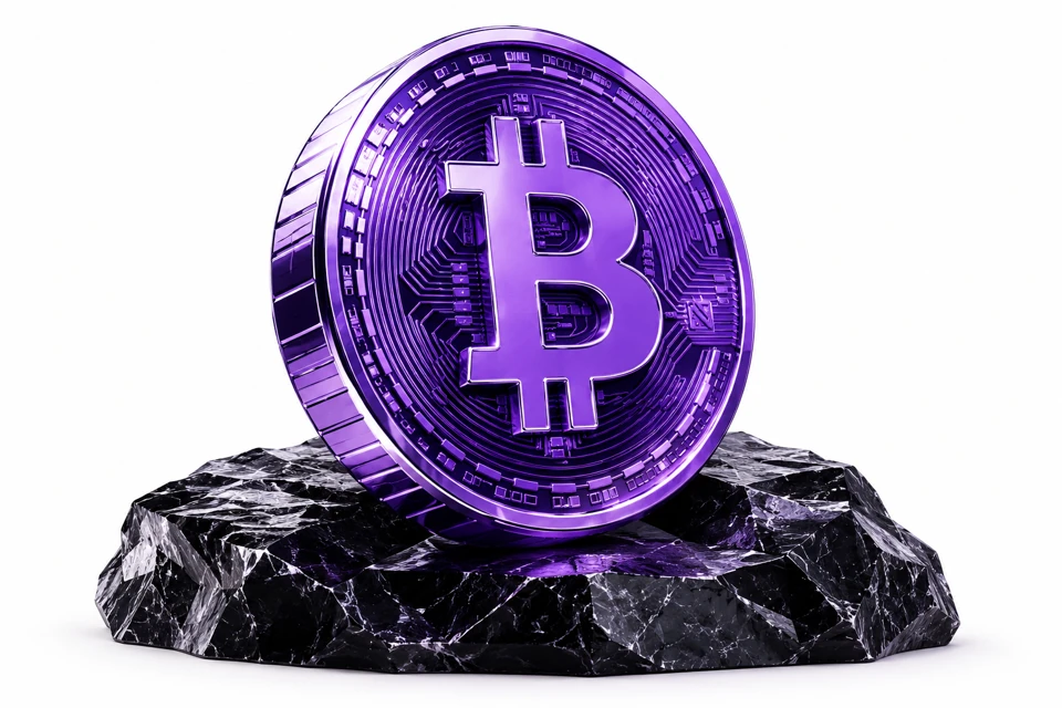 Moeda Bitcoin em metal roxo sobre rocha escura